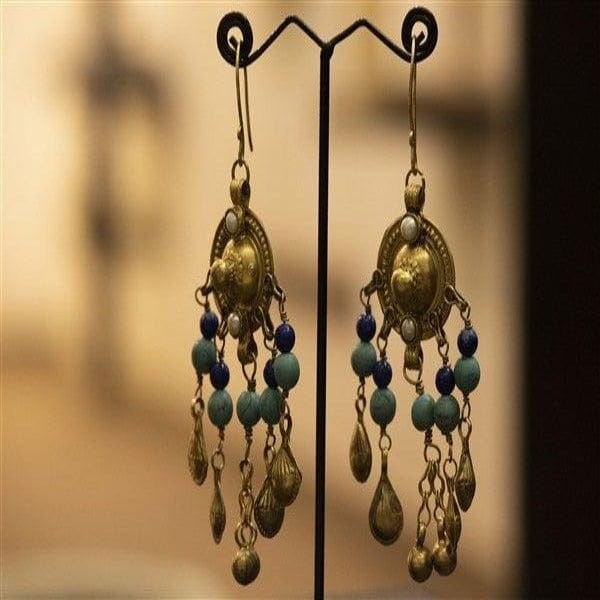 Hanging Earrings With Turquoise Blue Round Beads-0