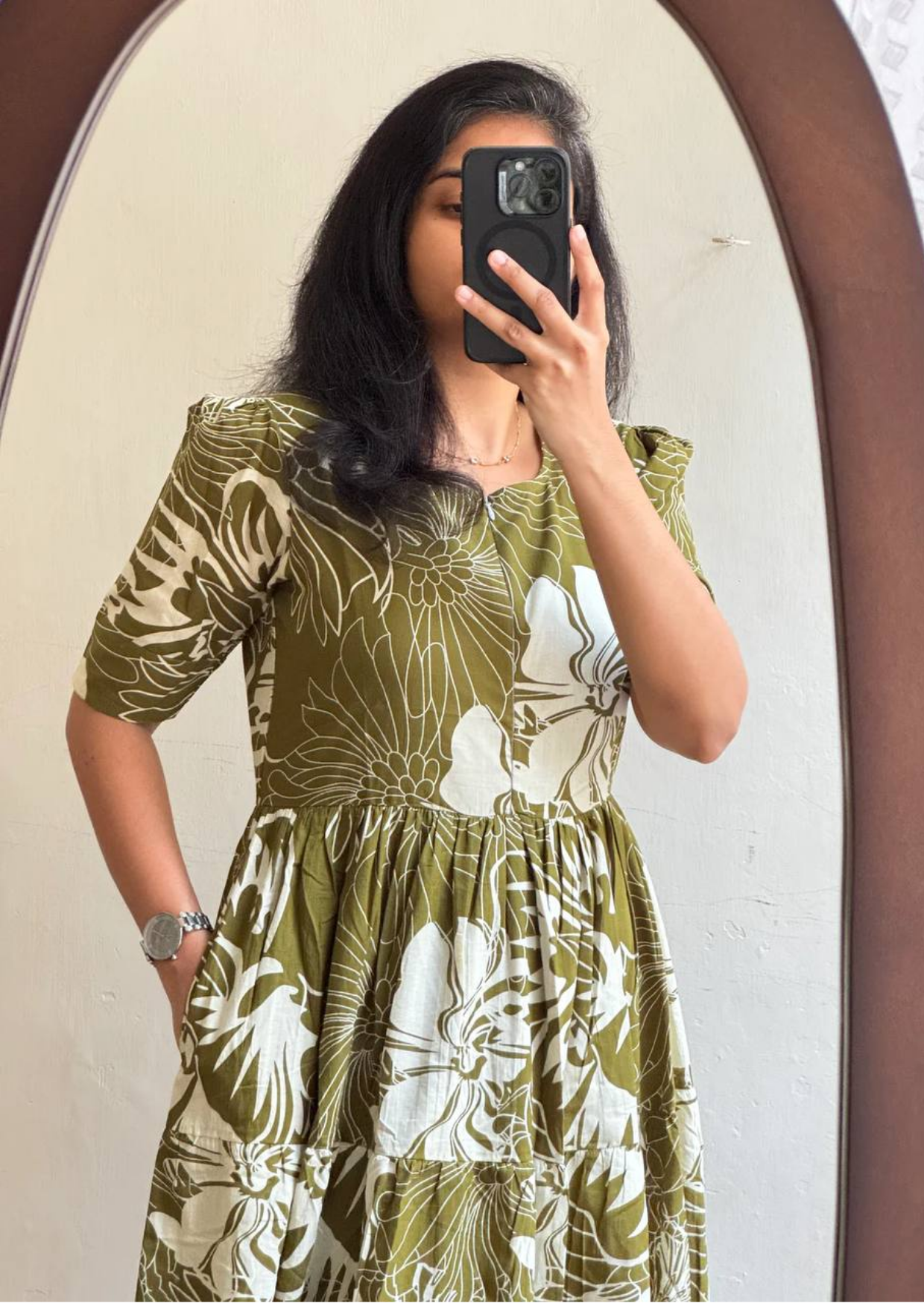 Olive Botanical Soft Cotton Midi Dress-2