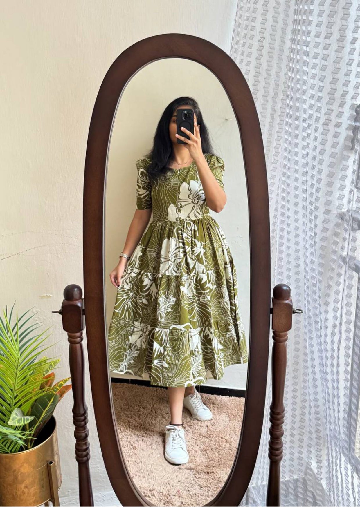 Olive Botanical Soft Cotton Midi Dress-3