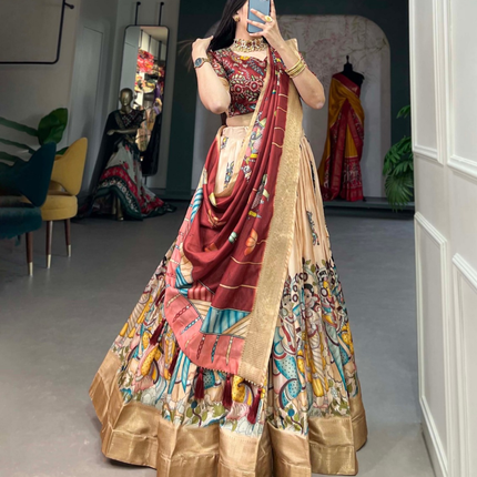 Beige Kalamkari Dola Silk Lehenga Set with Zari Weaving-0