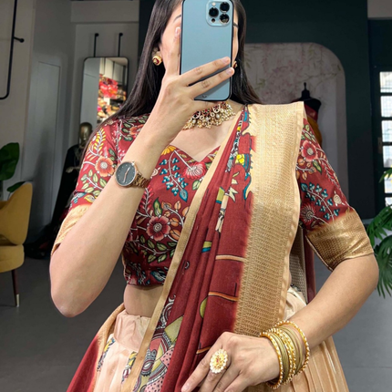 Beige Kalamkari Dola Silk Lehenga Set with Zari Weaving-1