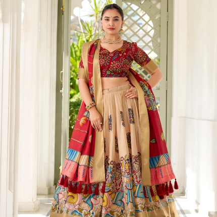 Beige Kalamkari Dola Silk Lehenga Set with Zari Weaving-2