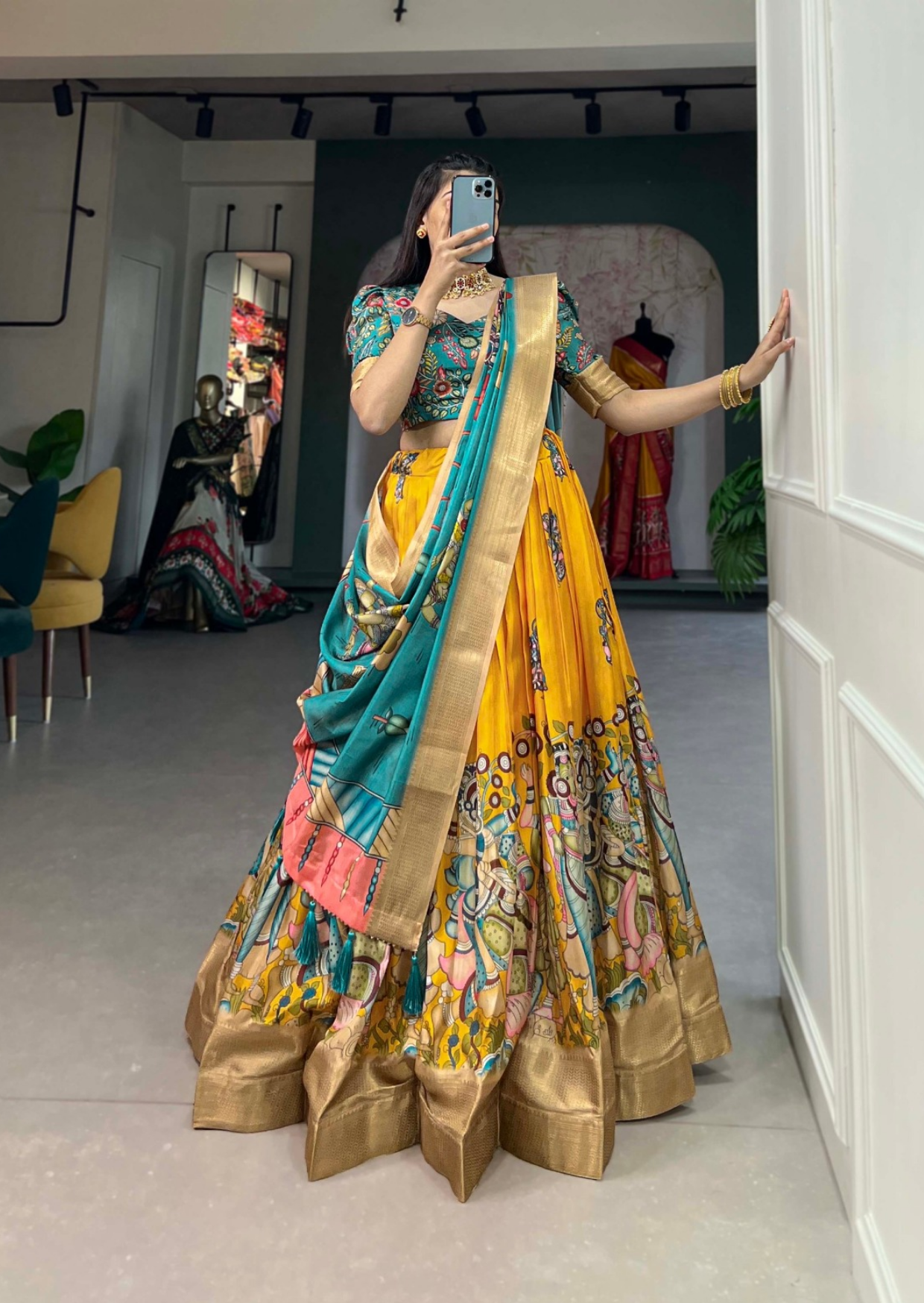 Sunshine Kalamkari Dola Silk Lehenga Set with Zari Weaving-0