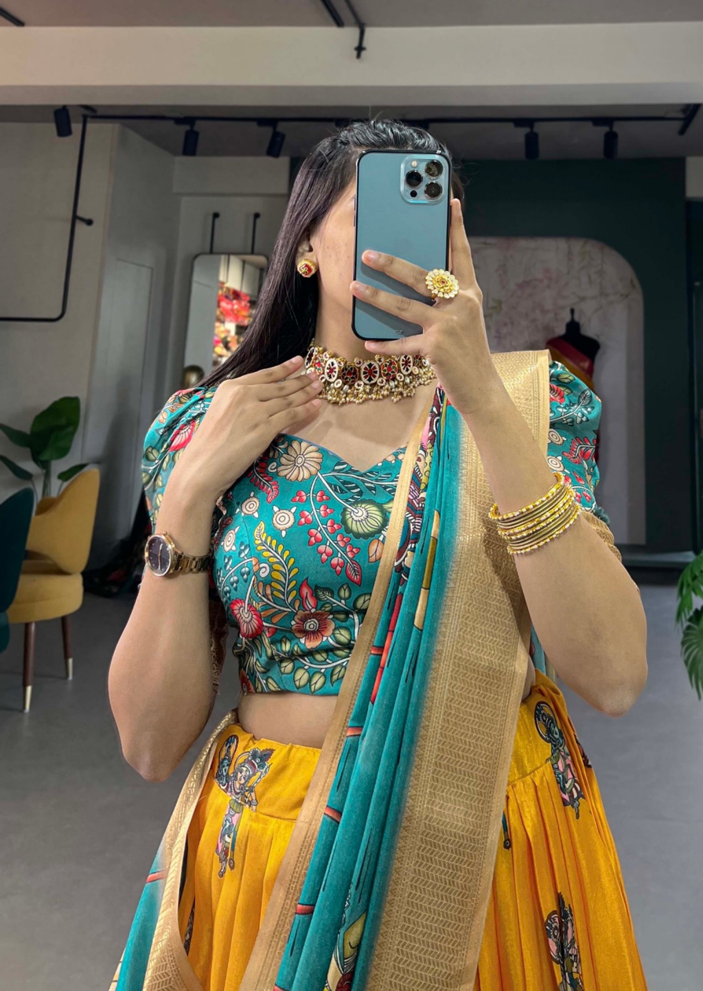 Sunshine Kalamkari Dola Silk Lehenga Set with Zari Weaving-1