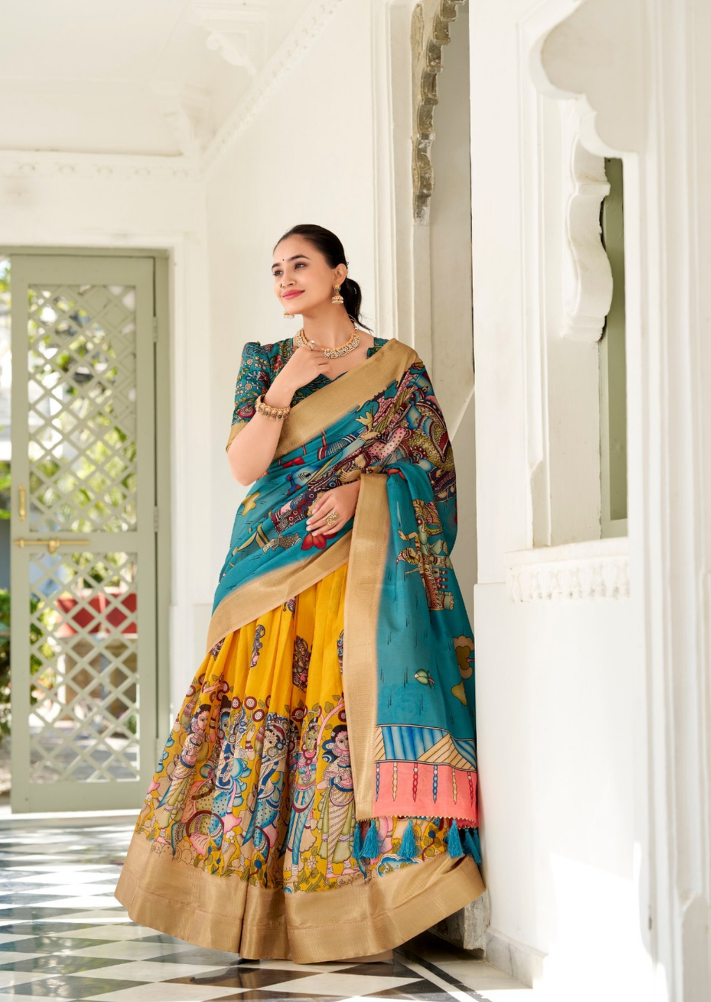 Sunshine Kalamkari Dola Silk Lehenga Set with Zari Weaving-2