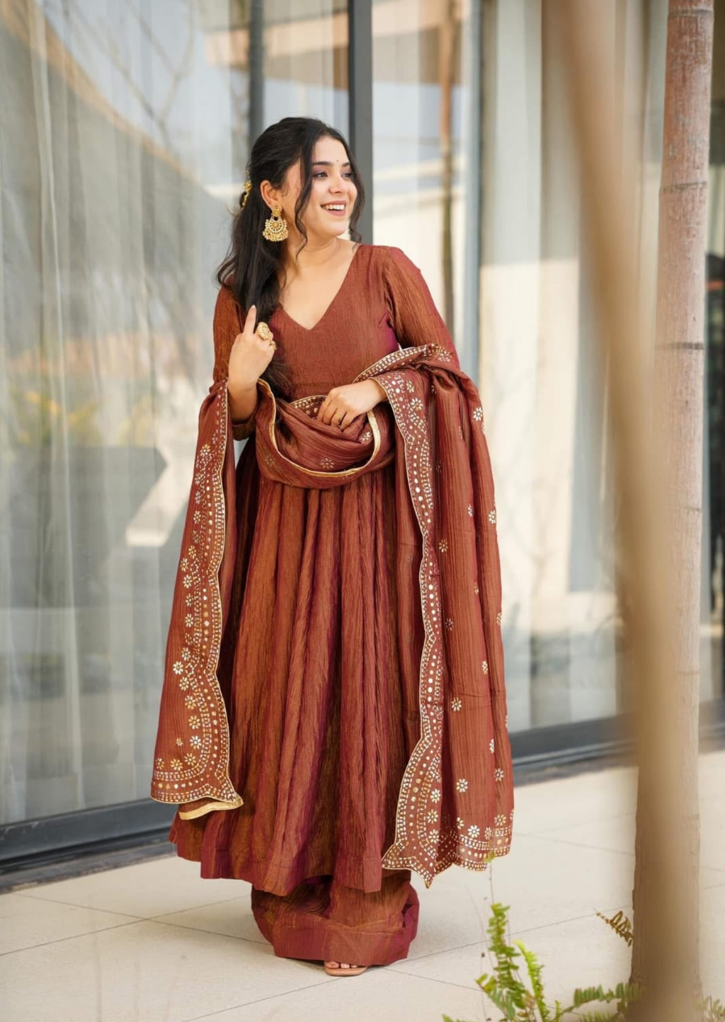 Mridula Tamra Chinon Anarkali Suit Set-0