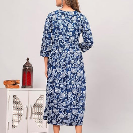 Anarkali Poly Crepe Printed Kurti for Women (Grey & Blue, M)