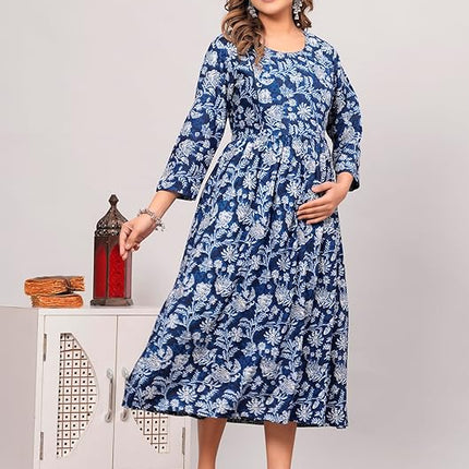 Anarkali Poly Crepe Printed Kurti for Women (Grey & Blue, M)