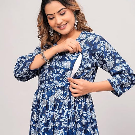 Anarkali Poly Crepe Printed Kurti for Women (Grey & Blue, M)