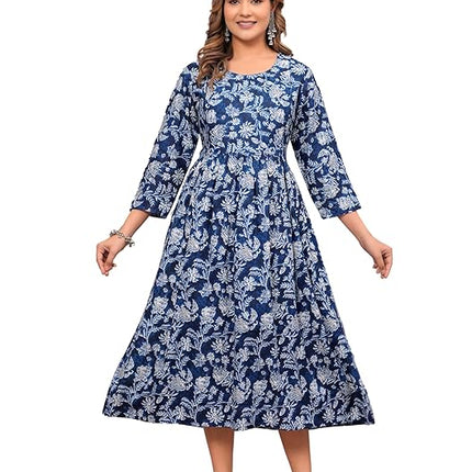 Anarkali Poly Crepe Printed Kurti for Women (Grey & Blue, M)