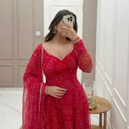 Women'S Red Bandhani Styles Gown