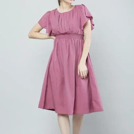 Women Pink Solid Viscose Rayon Fit And Flair Dress