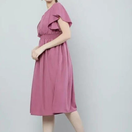 Women Pink Solid Viscose Rayon Fit And Flair Dress