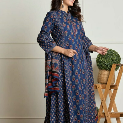 Indigo Ethnic Flair Printed Cotton Suit Set-0