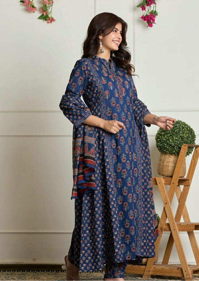 Indigo Ethnic Flair Printed Cotton Suit Set-0