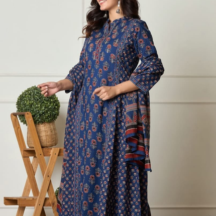 Indigo Ethnic Flair Printed Cotton Suit Set-1