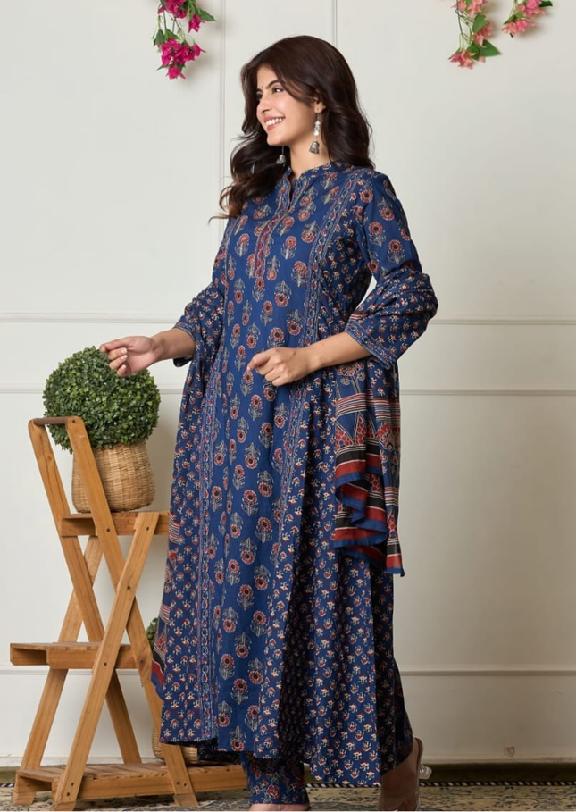 Indigo Ethnic Flair Printed Cotton Suit Set-1