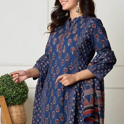 Indigo Ethnic Flair Printed Cotton Suit Set-2