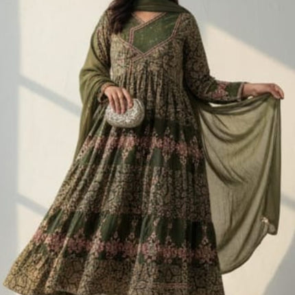 Cotton embroidery & katha lace work Anarkali kurta set