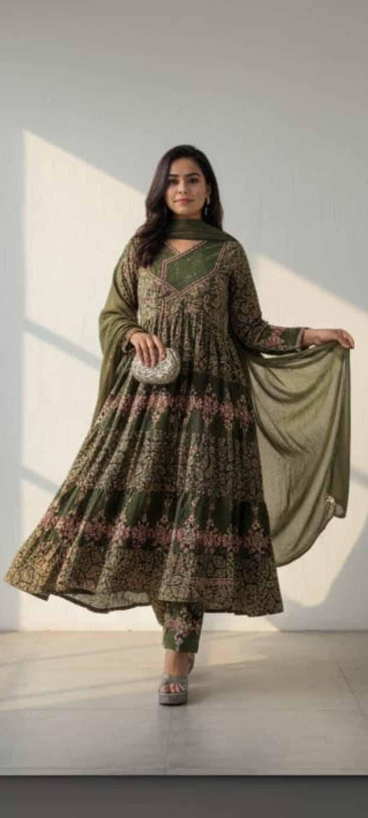 Cotton embroidery & katha lace work Anarkali kurta set