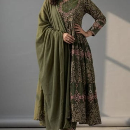 Cotton embroidery & katha lace work Anarkali kurta set