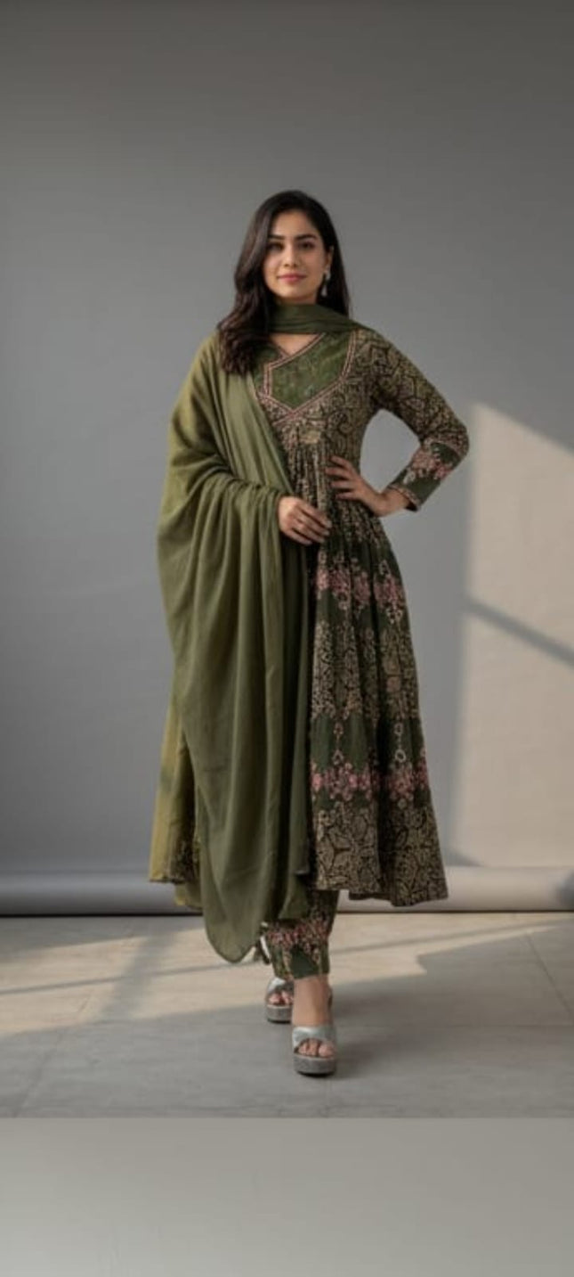 Cotton embroidery & katha lace work Anarkali kurta set