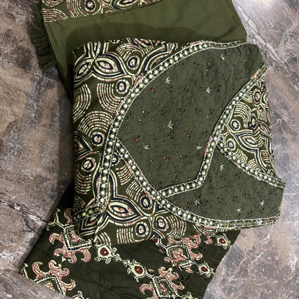 Cotton embroidery & katha lace work Anarkali kurta set