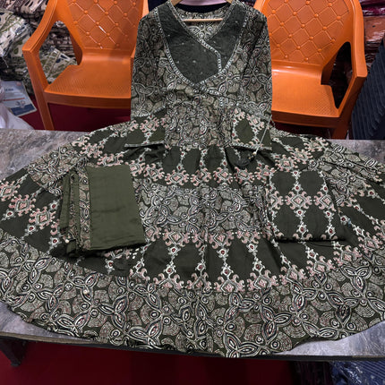 Cotton embroidery & katha lace work Anarkali kurta set