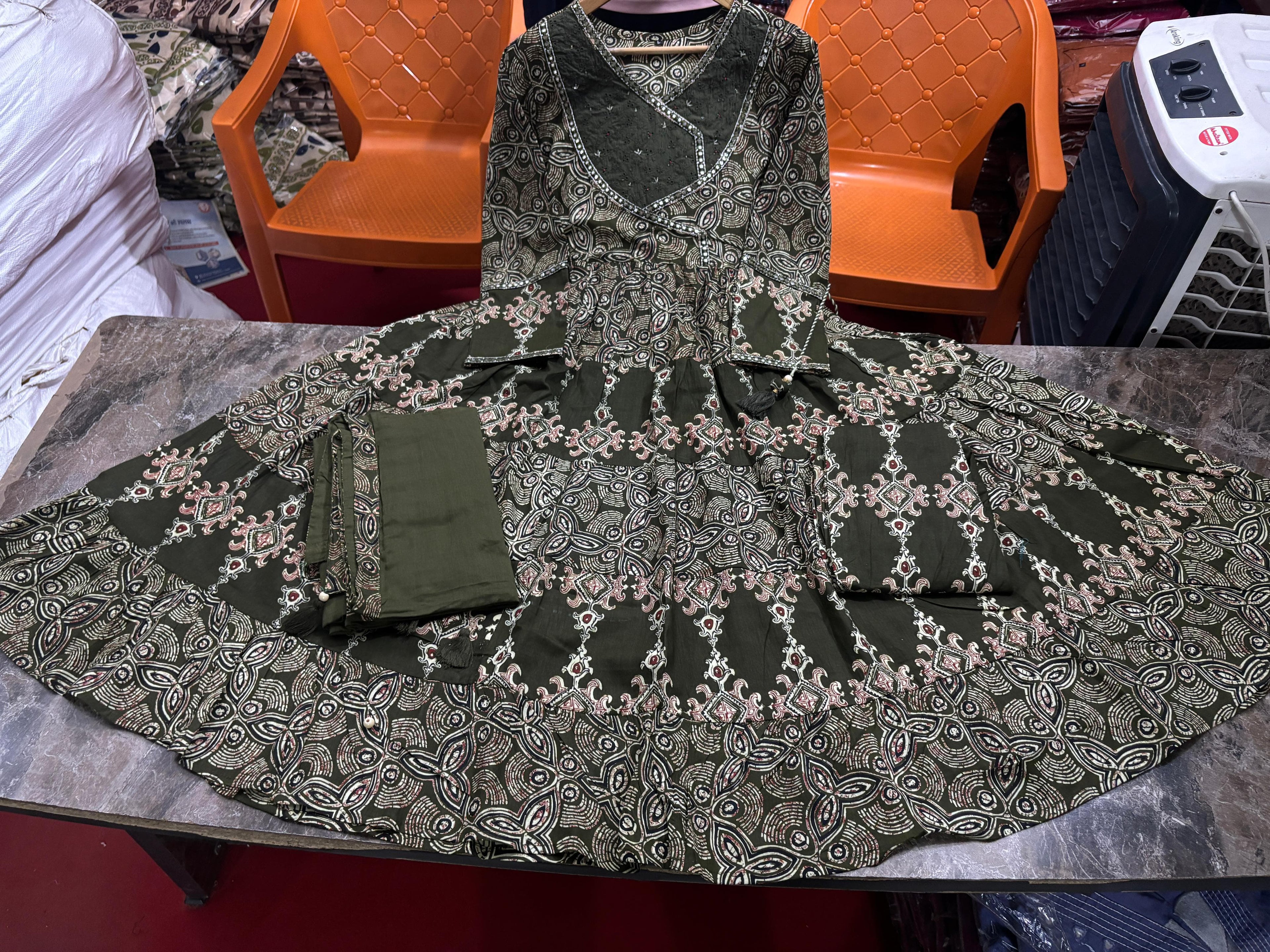 Cotton embroidery & katha lace work Anarkali kurta set