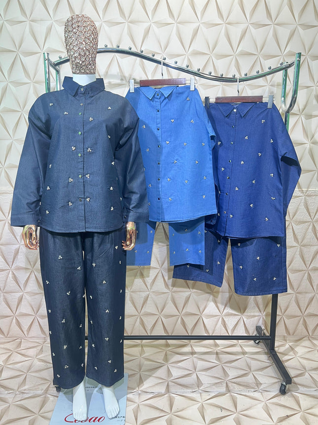 Denim cord set with real stone