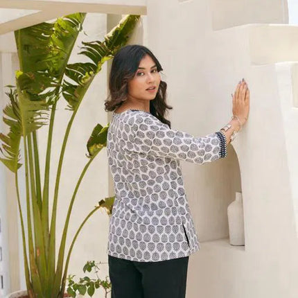 Stylish White Multicolor hand block print cotton kurti for Girls and Women