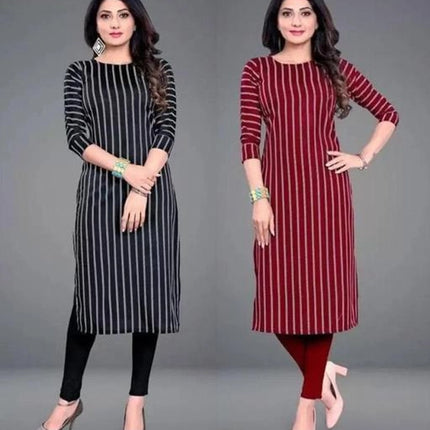 Crepe Striped Kurti for Women (Black & Red, S) (Pack of 2)