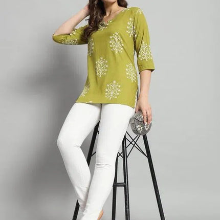 Printed Rayon Green Short Kurti For Girls and Women