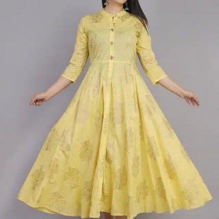 Anarkali Rayon Printed Kurti for Women (Yellow, L)