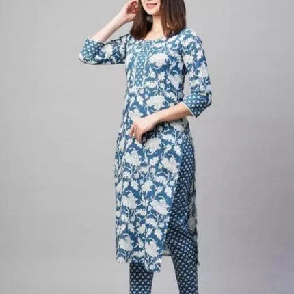 Cotton Printed Kurti with Pant for Women (Multicolor, S)