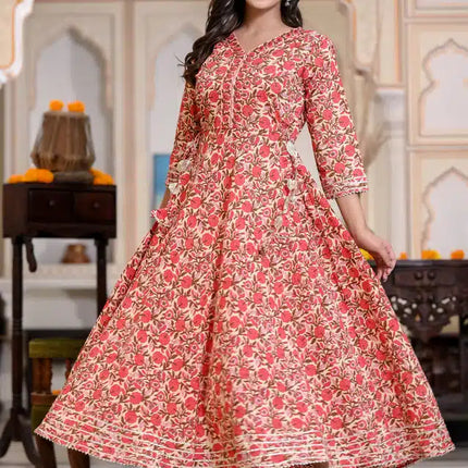 Cotton Printed Anarkali Kurti for Women (Red, M)