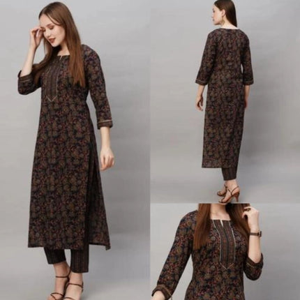 Cotton Blend Printed Kurti with Pant for Women (Multicolor, S)