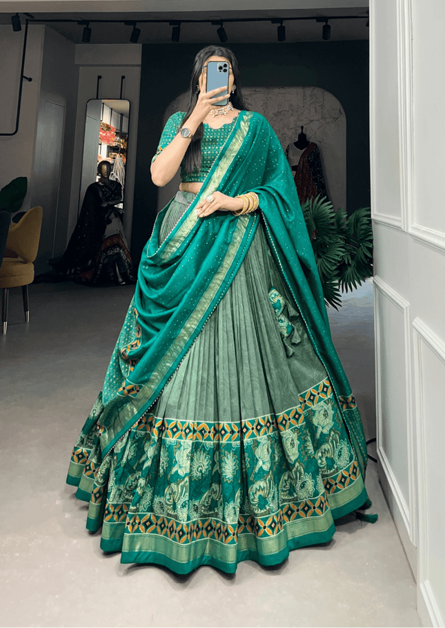 Emerald Foil Floral Tasar Silk Lehenga Set-1