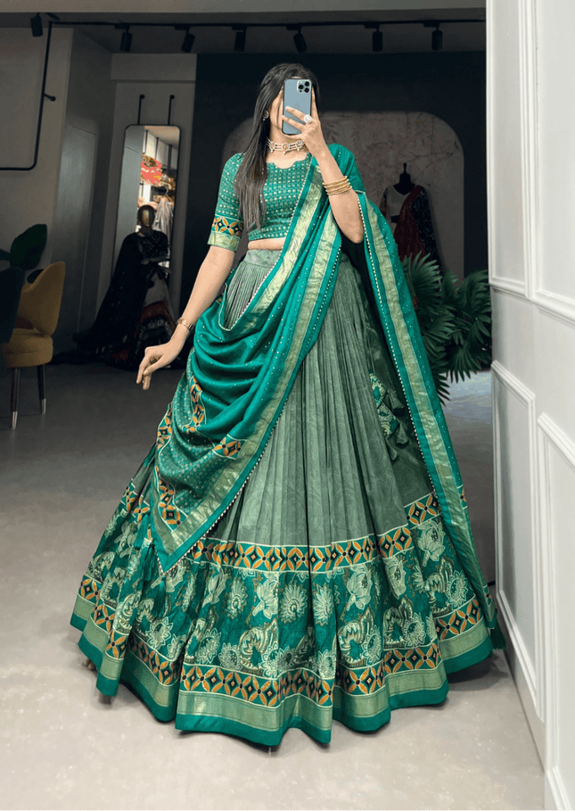 Emerald Foil Floral Tasar Silk Lehenga Set-0