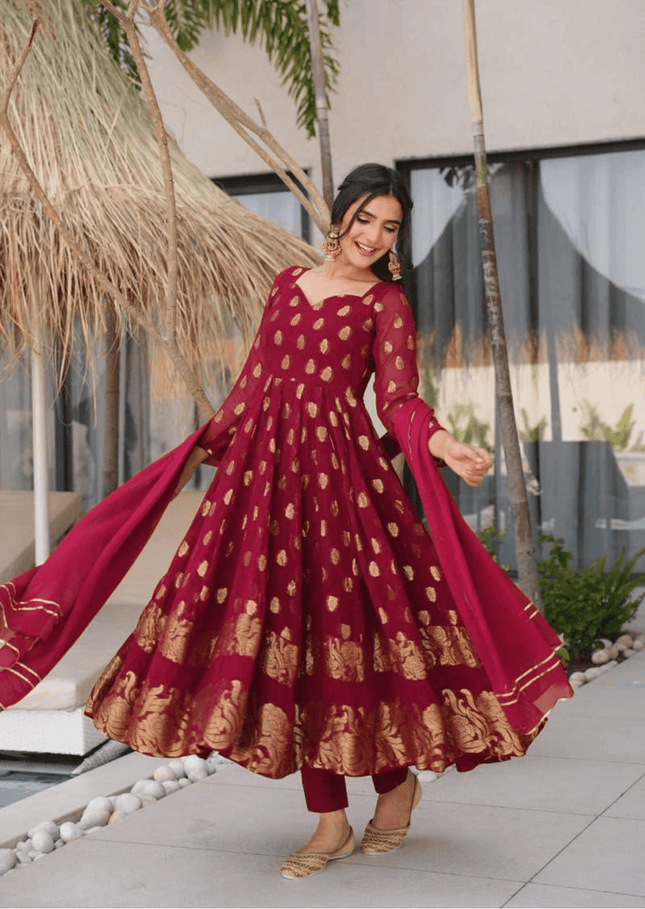 Gulmohar Maroon Anarkali Suit Set-0