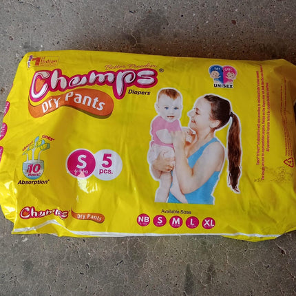 0968 Small  Champs Dry Pants Style Diaper- Small Best For Travel  Absorption Champs Baby Diapers Champs Soft And Dry Baby Diaper Pants (S5 Pcs )