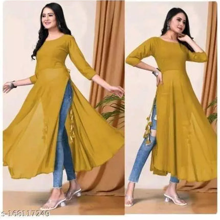 Classy Yellow Women Georgette A-Line Kurti