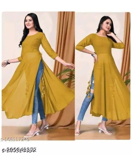 Classy Yellow Women Georgette A-Line Kurti