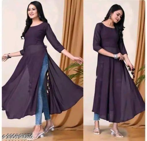 Stylish Wine Women Georgette A-Line Kurti
