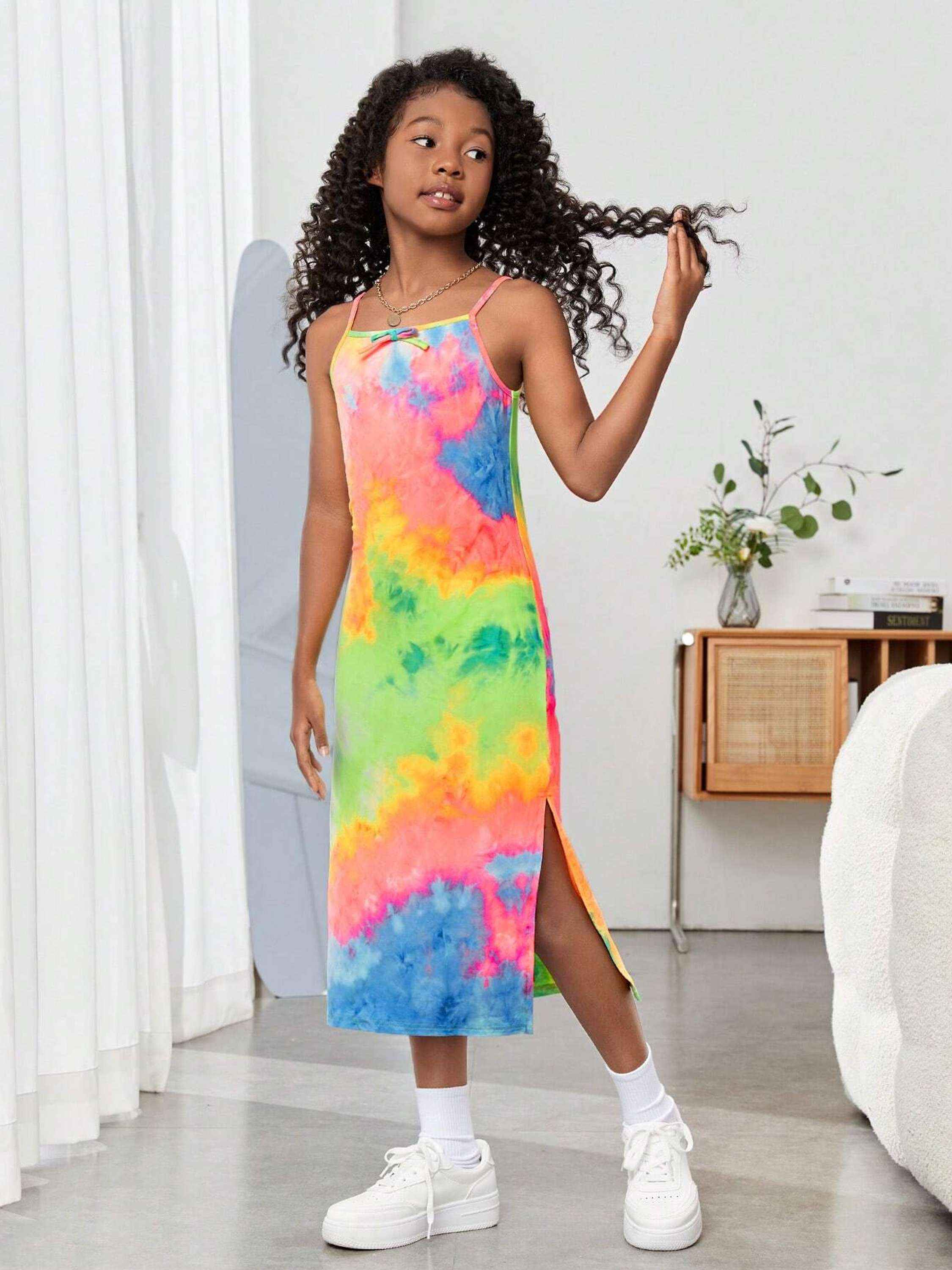 Neon Splash Multicolor Tie-Dye Spaghetti Midi Dress