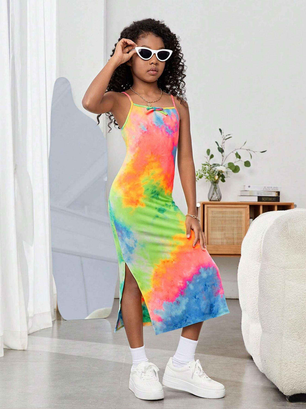Neon Splash Multicolor Tie-Dye Spaghetti Midi Dress