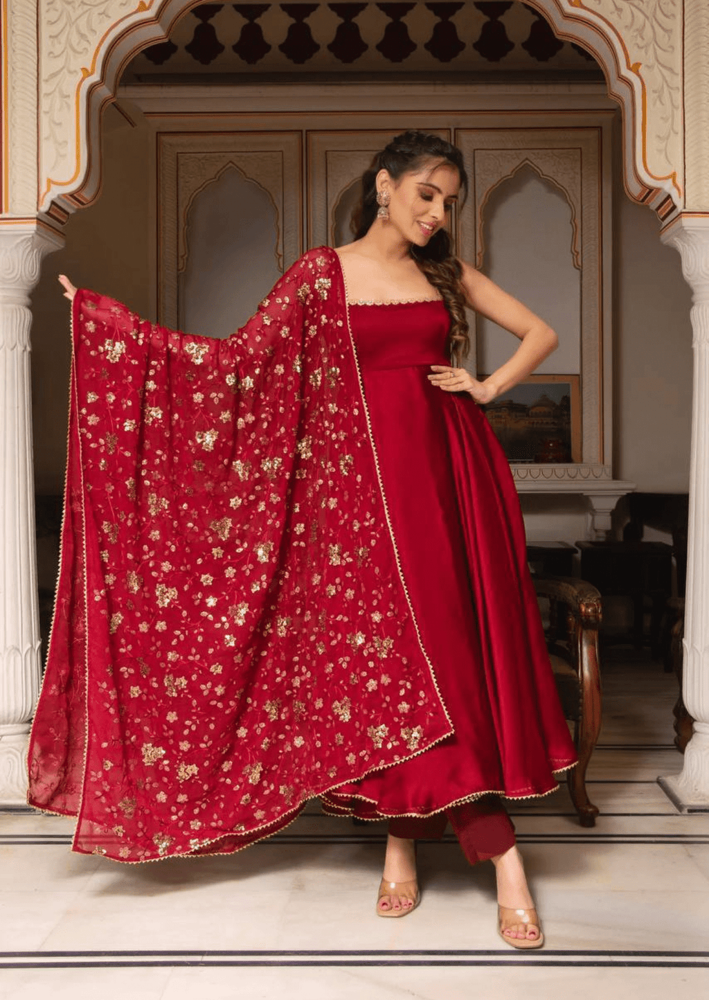 Scarlet Elegance Red Embroidered Anarkali Set-0